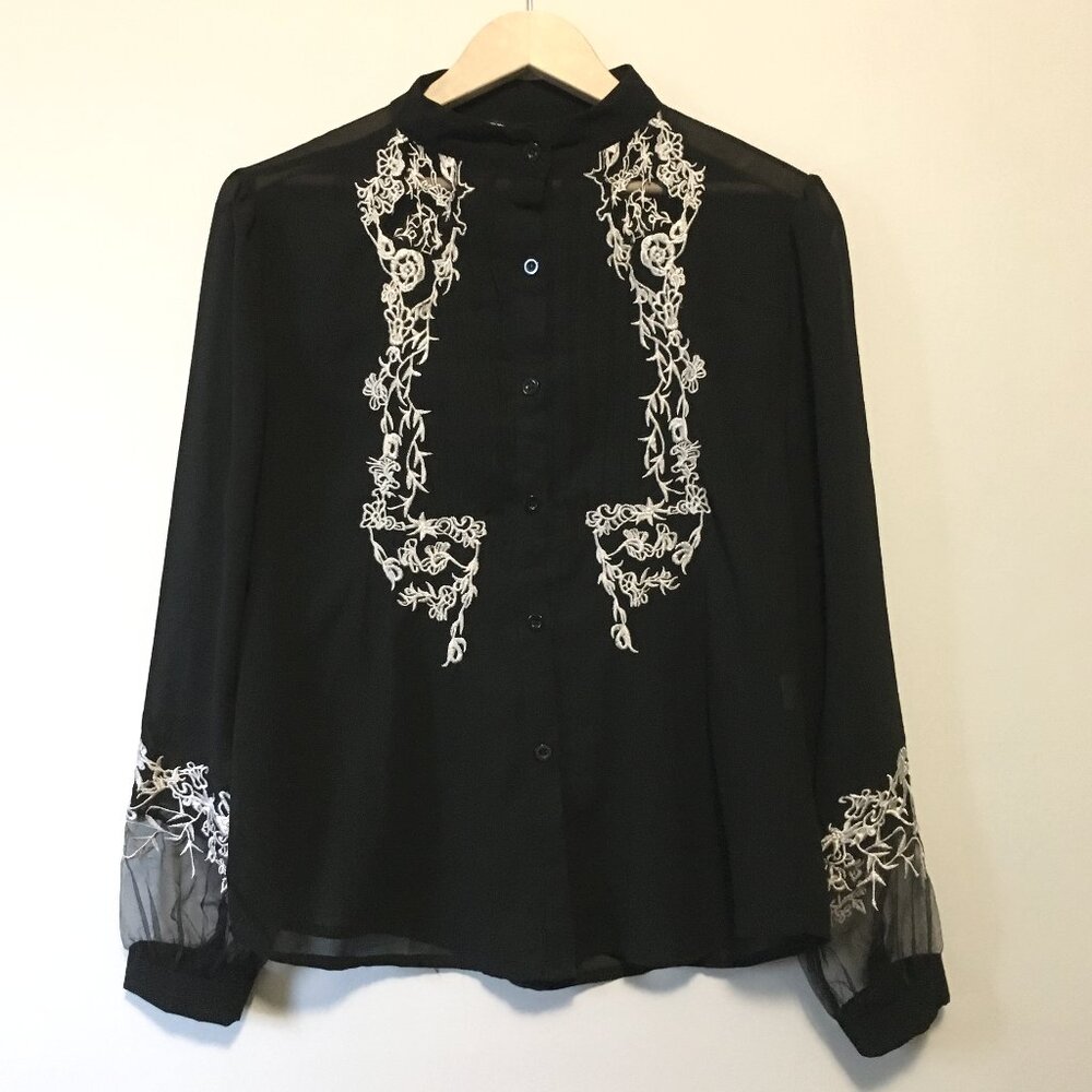 Gothic Vampire Black Sheer Embroidered Top Japan - Large